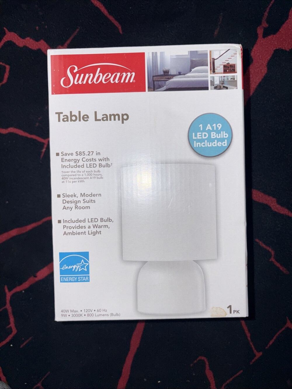 Sunbeam White Table Lamp w/ White Fabric Shade - Energy Star - Includes Bulb